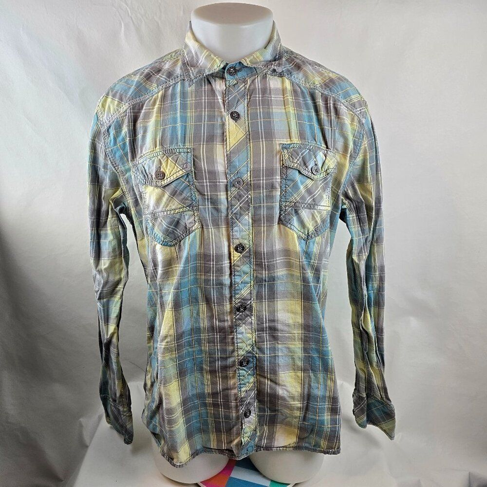 BKE Shirt Mens Large Blue Yellow Plaid Button Up Western Athletic Fit Casual